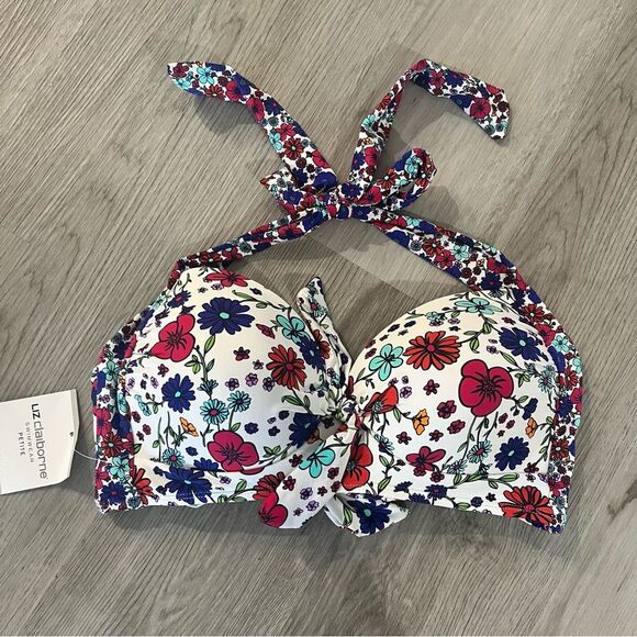 NWT Liz Claiborne White Multi Floral Bikini Top Size Petite Large - Picture 2 of 7